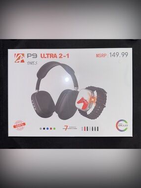 ULTRA 2-1 P9 Wireless Headphones & Smartwatch Bundle in White/Silver, New Sealed